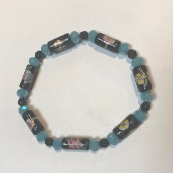 Ankle Bracelet, Handmade, Blue and Black, Floral - Picture 2 of 4